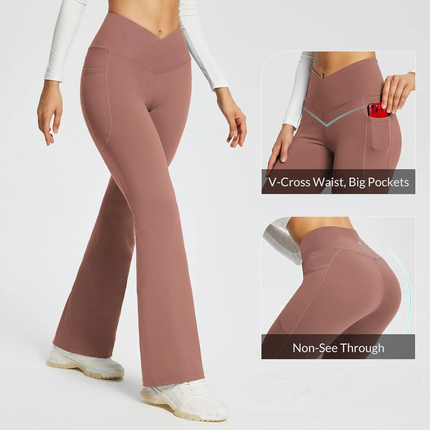 baleaf Women's Yoga Pants V Crossover Flare Leggings with Pockets High Waist Casual Workout Gym Bell Bottom Leggings