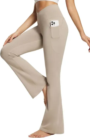 baleaf Women's Yoga Pants V Crossover Flare Leggings with Pockets High Waist Casual Workout Gym Bell Bottom Leggings