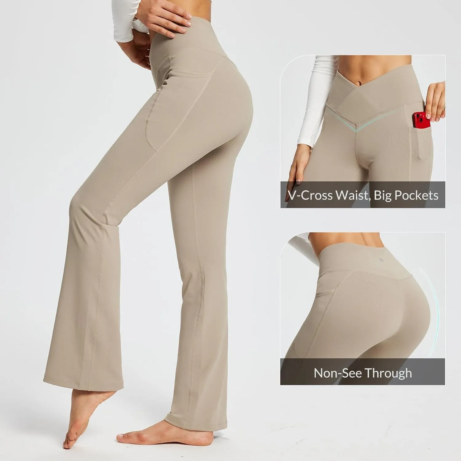 baleaf Women's Yoga Pants V Crossover Flare Leggings with Pockets High Waist Casual Workout Gym Bell Bottom Leggings