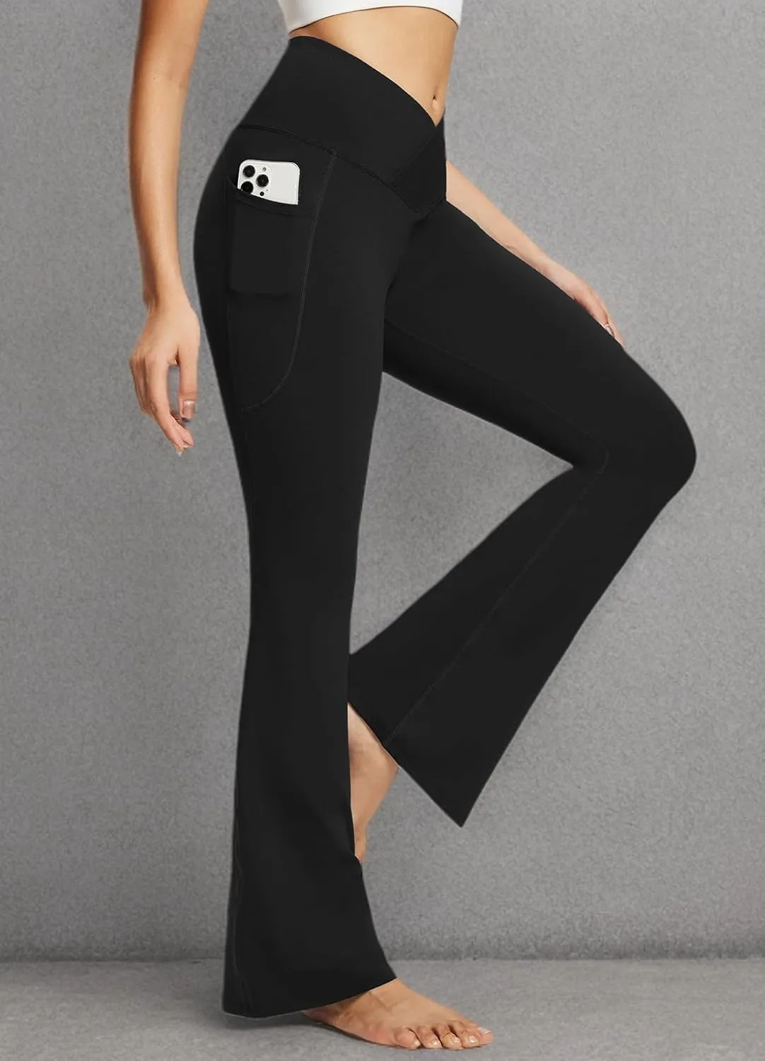 baleaf Women's Yoga Pants V Crossover Flare Leggings with Pockets High Waist Casual Workout Gym Bell Bottom Leggings