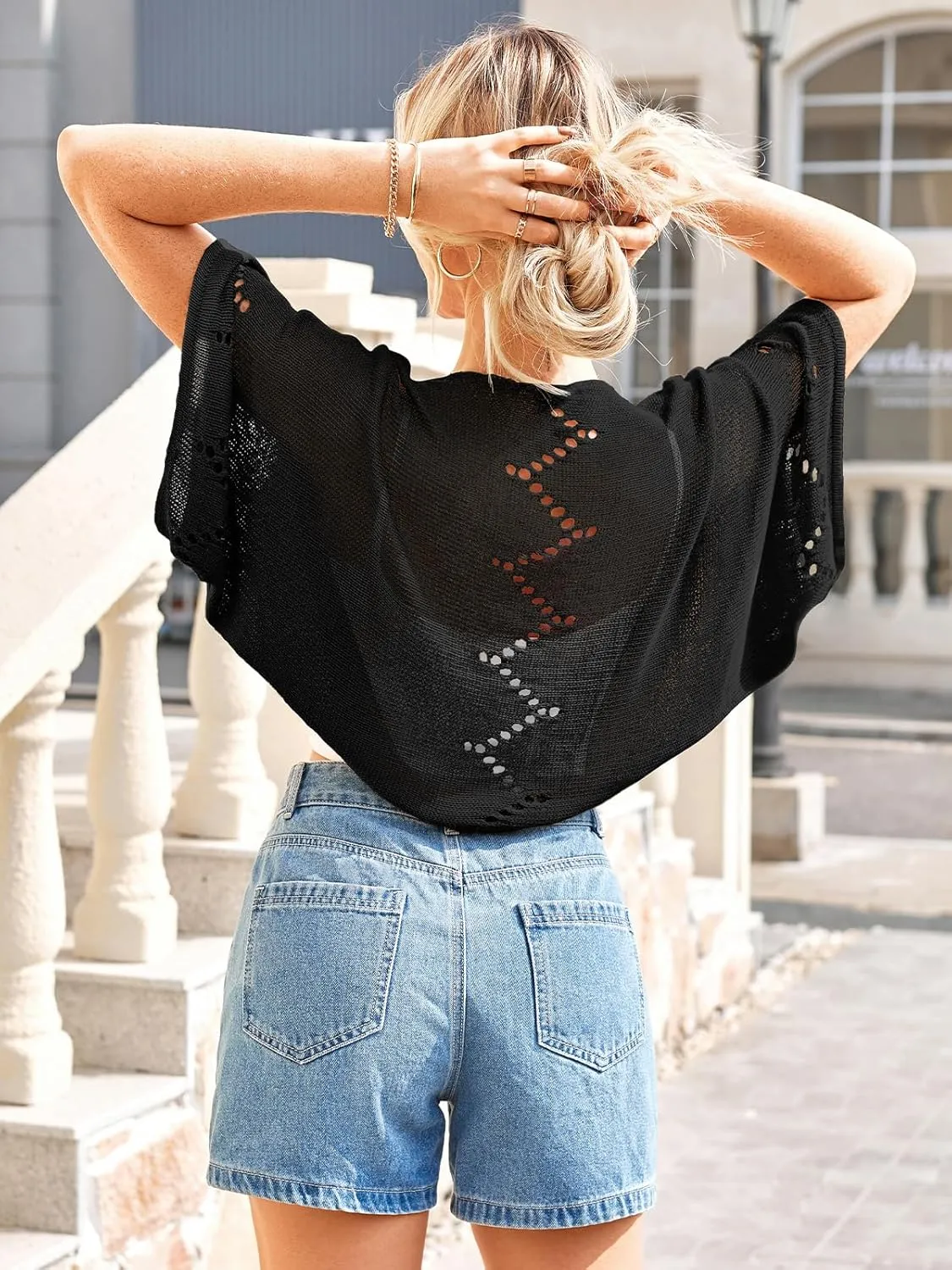 BB&KK Women's Summer Crochet Cardigans Hollow-Out Batwing Short Sleeve Lightweight Open Front Shrug Bolero Sweaters
