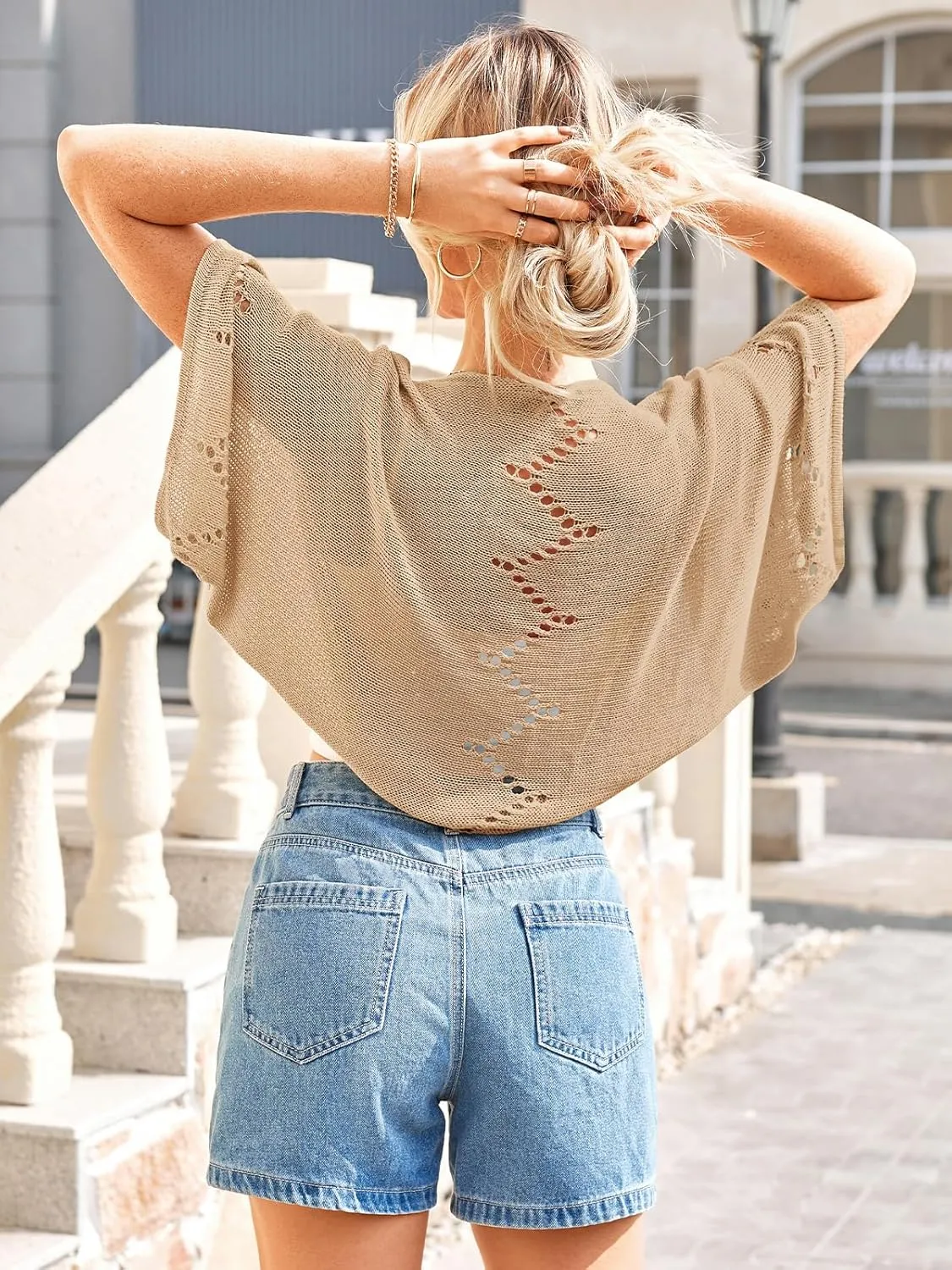 BB&KK Women's Summer Crochet Cardigans Hollow-Out Batwing Short Sleeve Lightweight Open Front Shrug Bolero Sweaters