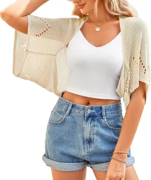 BB&KK Women's Summer Crochet Cardigans Hollow-Out Batwing Short Sleeve Lightweight Open Front Shrug Bolero Sweaters