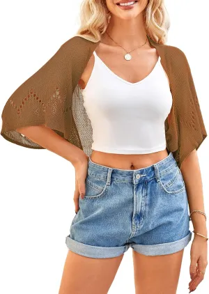 BB&KK Women's Summer Crochet Cardigans Hollow-Out Batwing Short Sleeve Lightweight Open Front Shrug Bolero Sweaters
