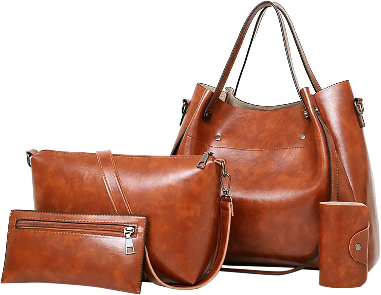 Beach Tote Bag 4 Packet Leather Solid Color Handbags Shoulder Bags Crossbody Hobo Bags Card Purse Work Travel Essential B