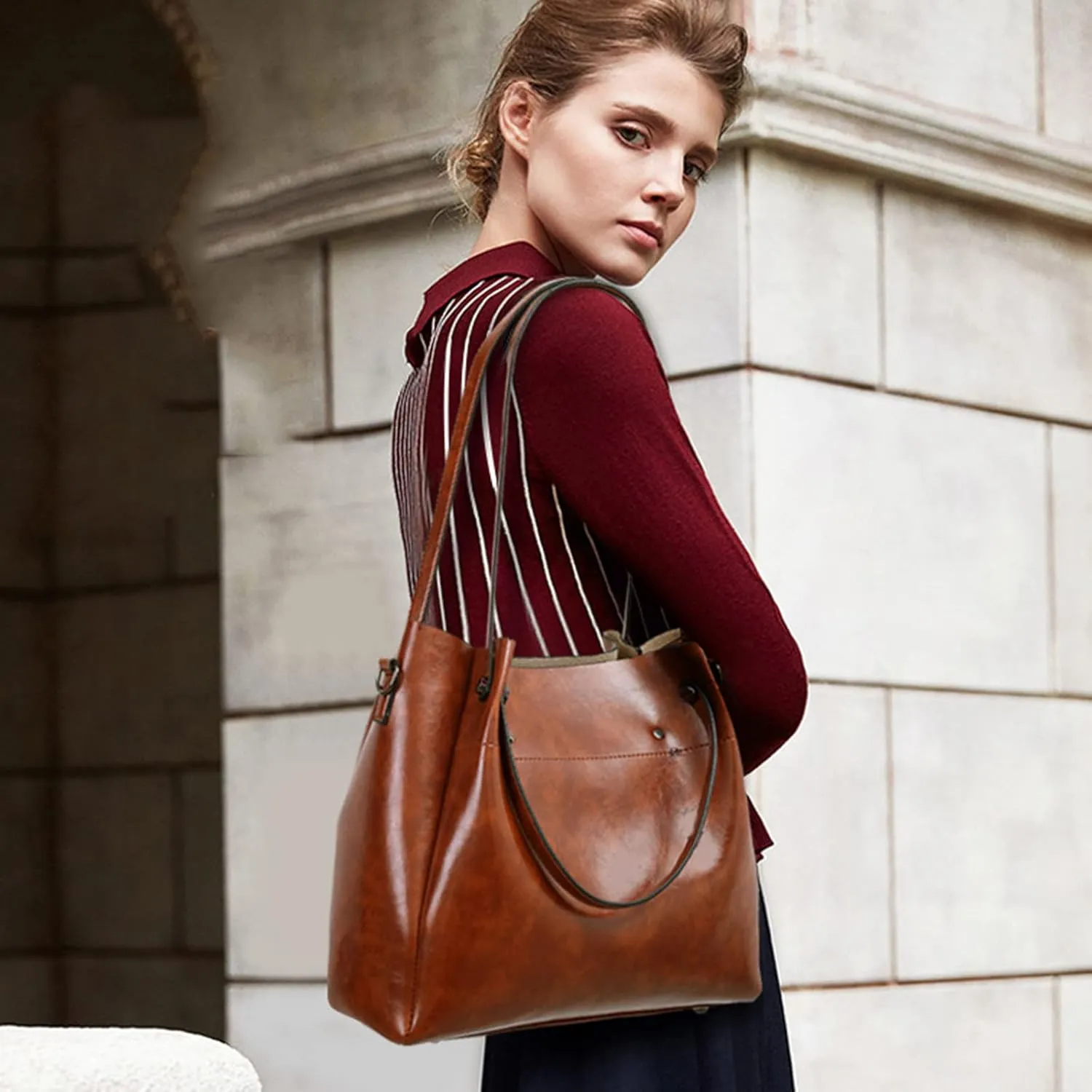 Beach Tote Bag 4 Packet Leather Solid Color Handbags Shoulder Bags Crossbody Hobo Bags Card Purse Work Travel Essential B