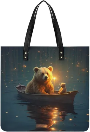 Bear Boat Tote Bags PU Leather Top Handle Satchel Handbags Shoulder Bags Travel Purse for Women Men