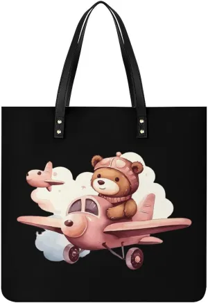 Bear Pilot Print Tote Bags PU Leather Top Handle Satchel Handbags Shoulder Bags Travel Purse for Women Men