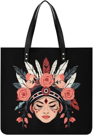 Beautiful Indians Feather Headdress Woman Tote Bags PU Leather Top Handle Satchel Handbags Shoulder Bags Travel Purse for Women Men