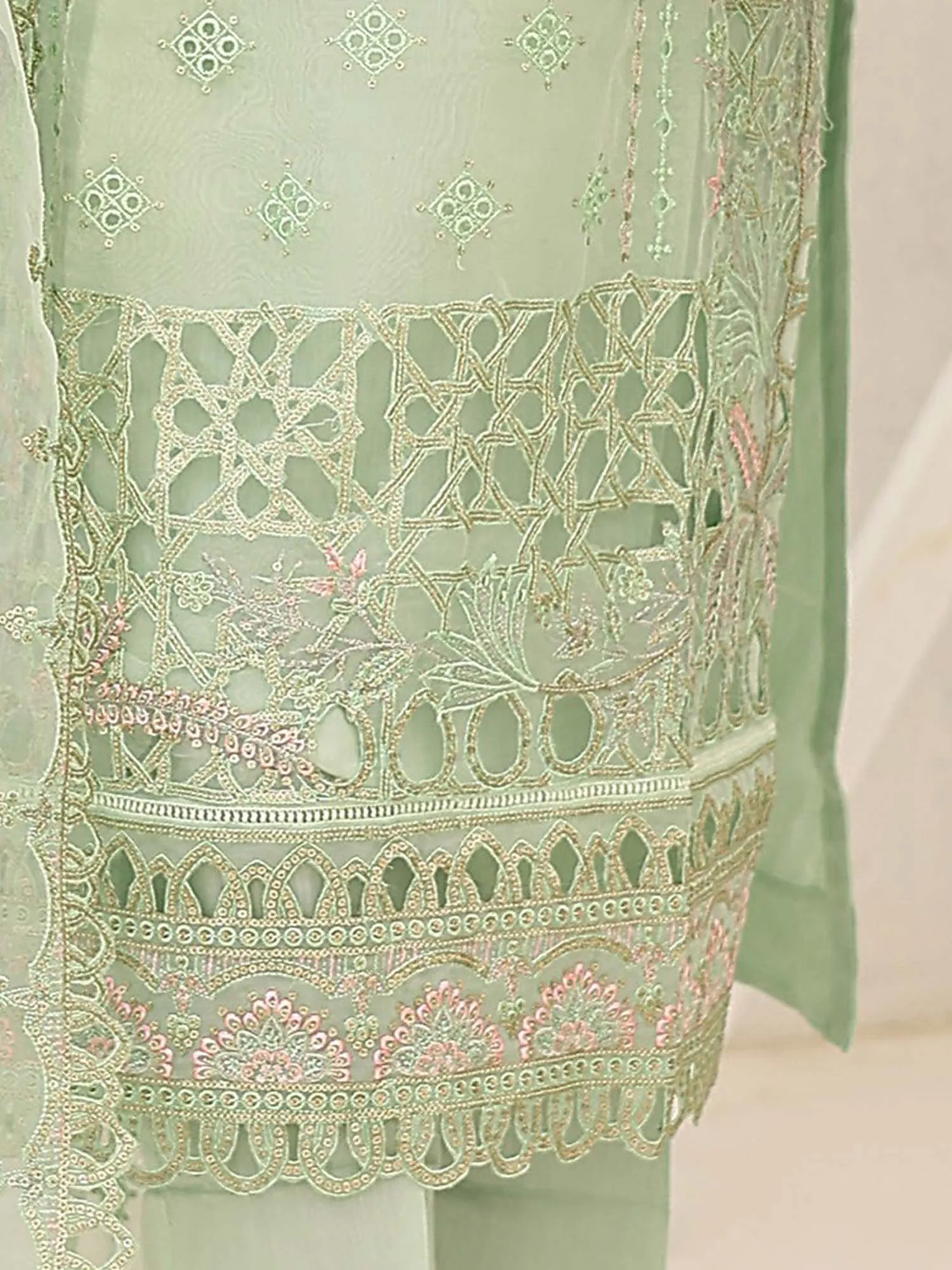 Bin Saeed Luxury Embroidered Organza Suit - Mint Green