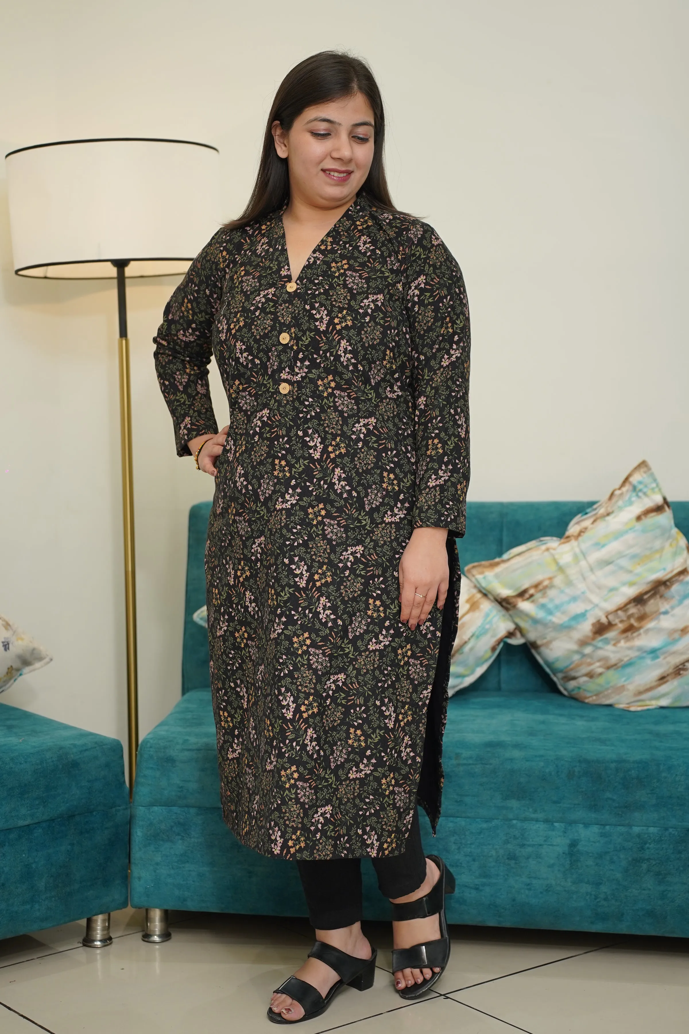 Black Floral Corduroy Kurta