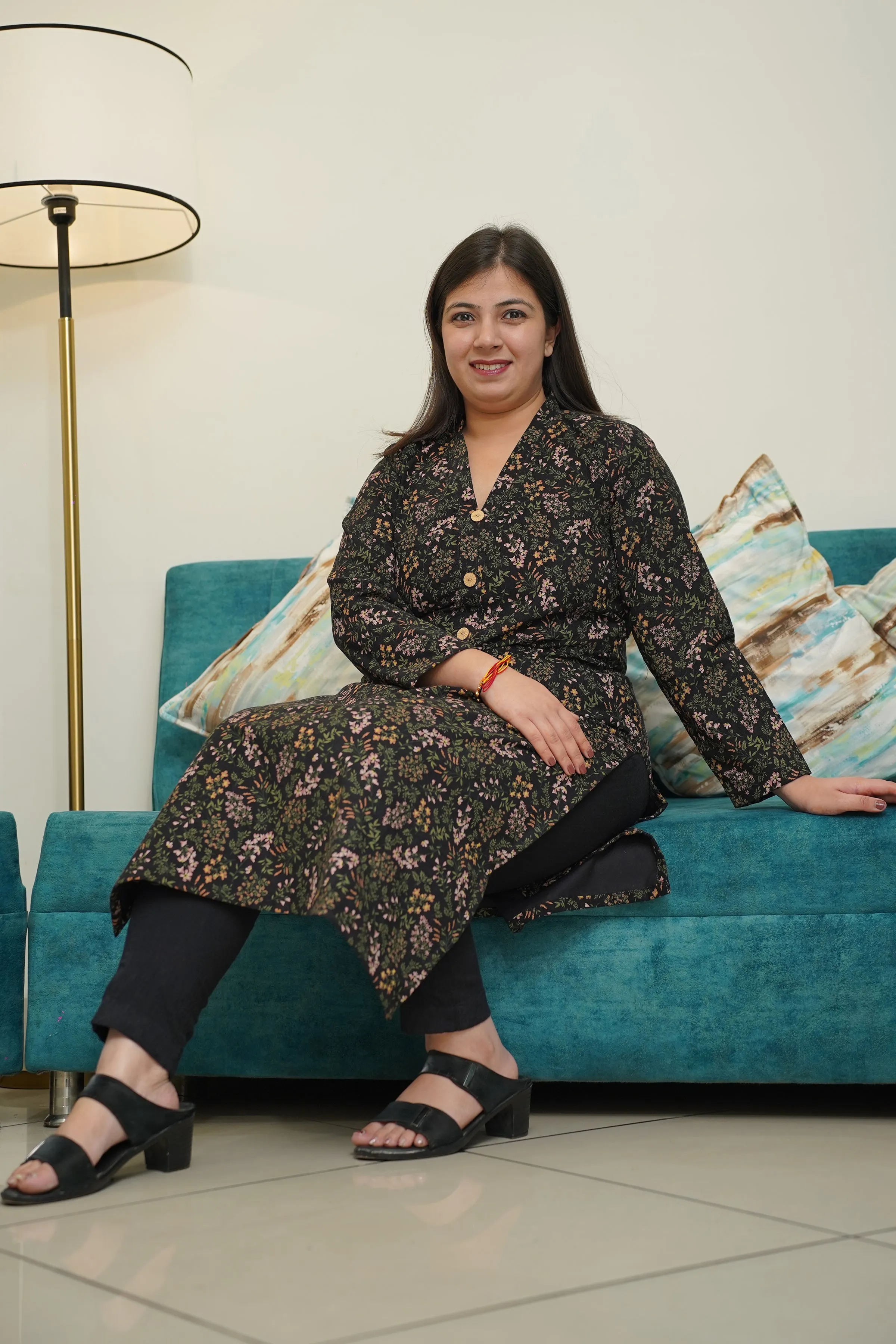 Black Floral Corduroy Kurta
