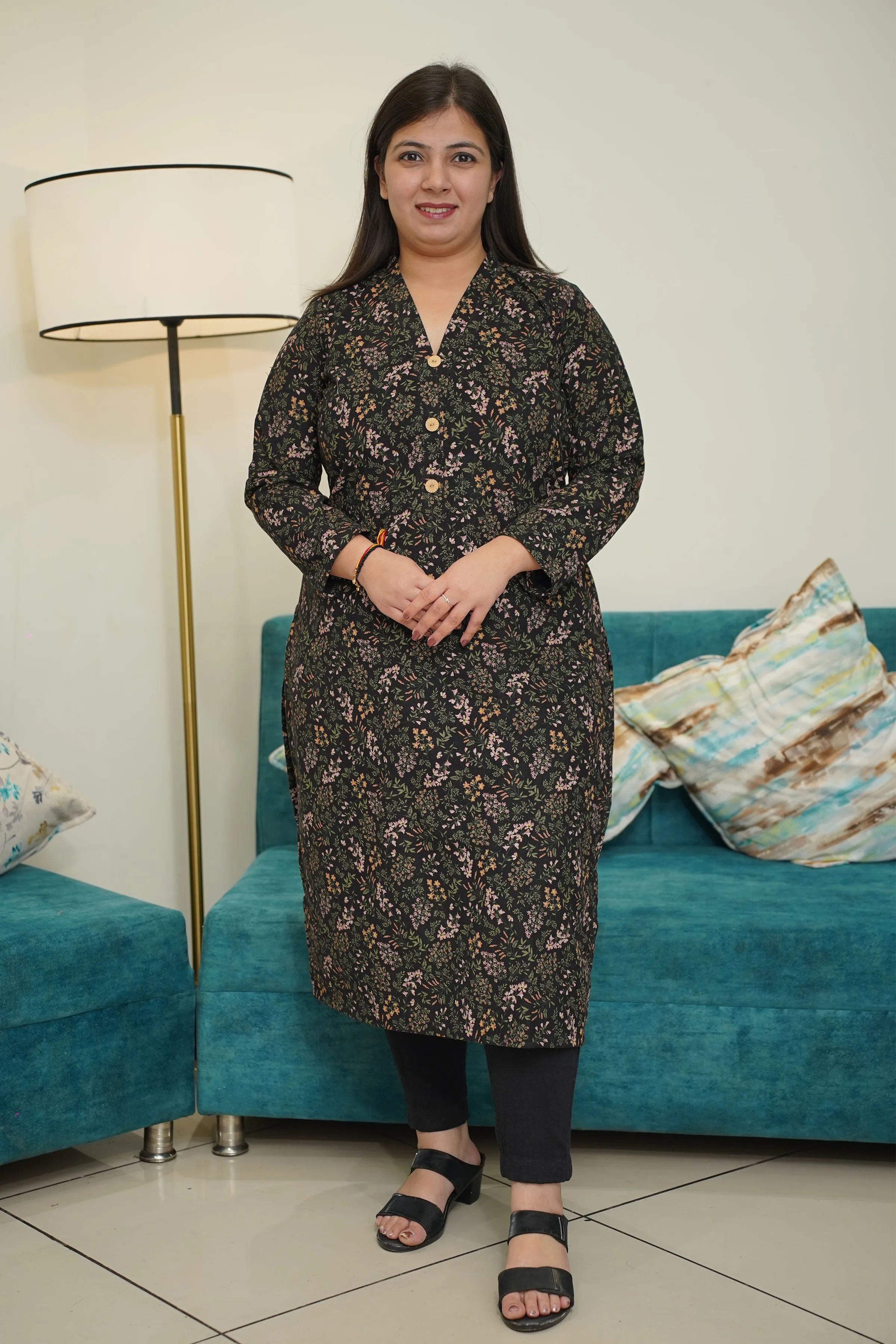 Black Floral Corduroy Kurta