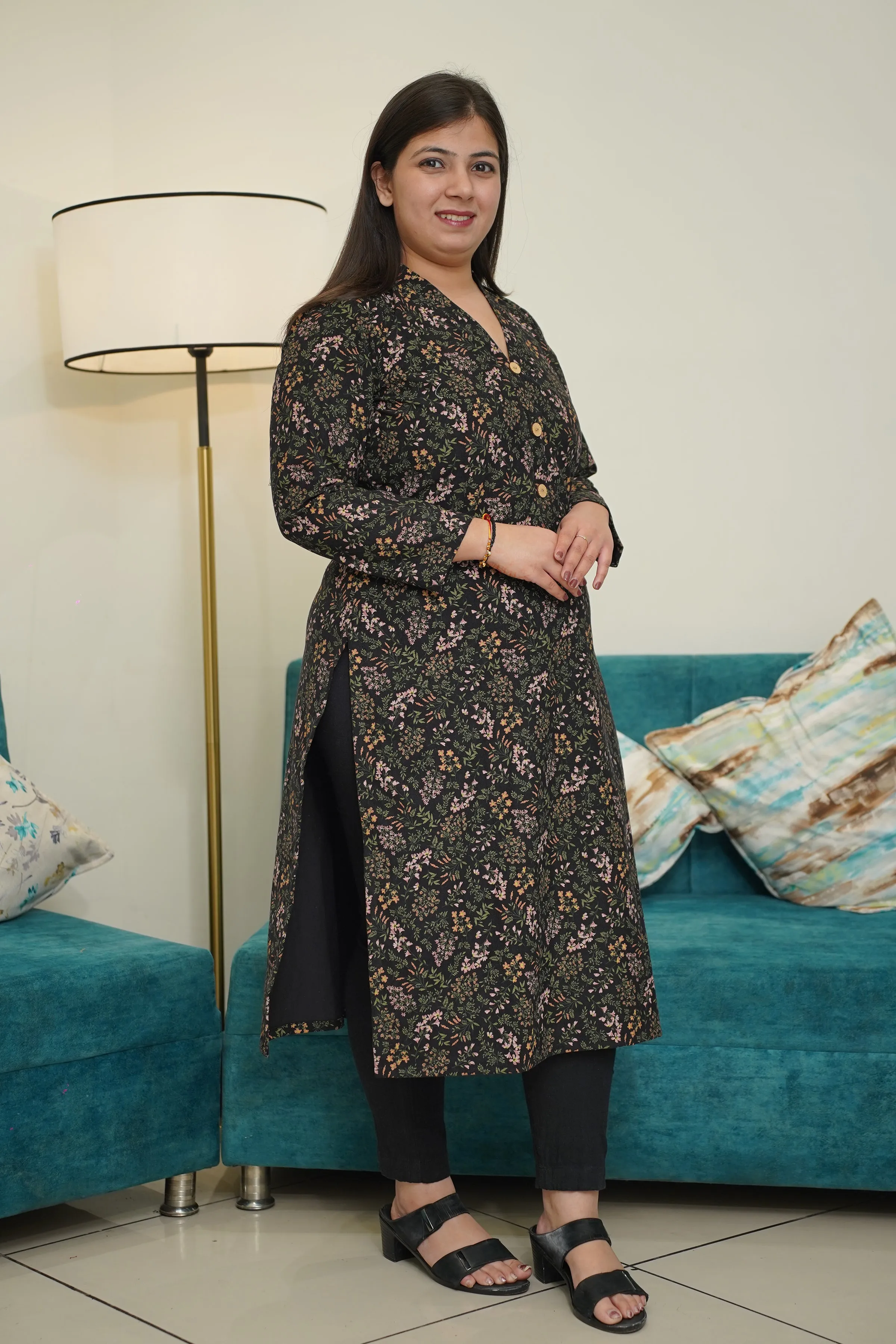 Black Floral Corduroy Kurta