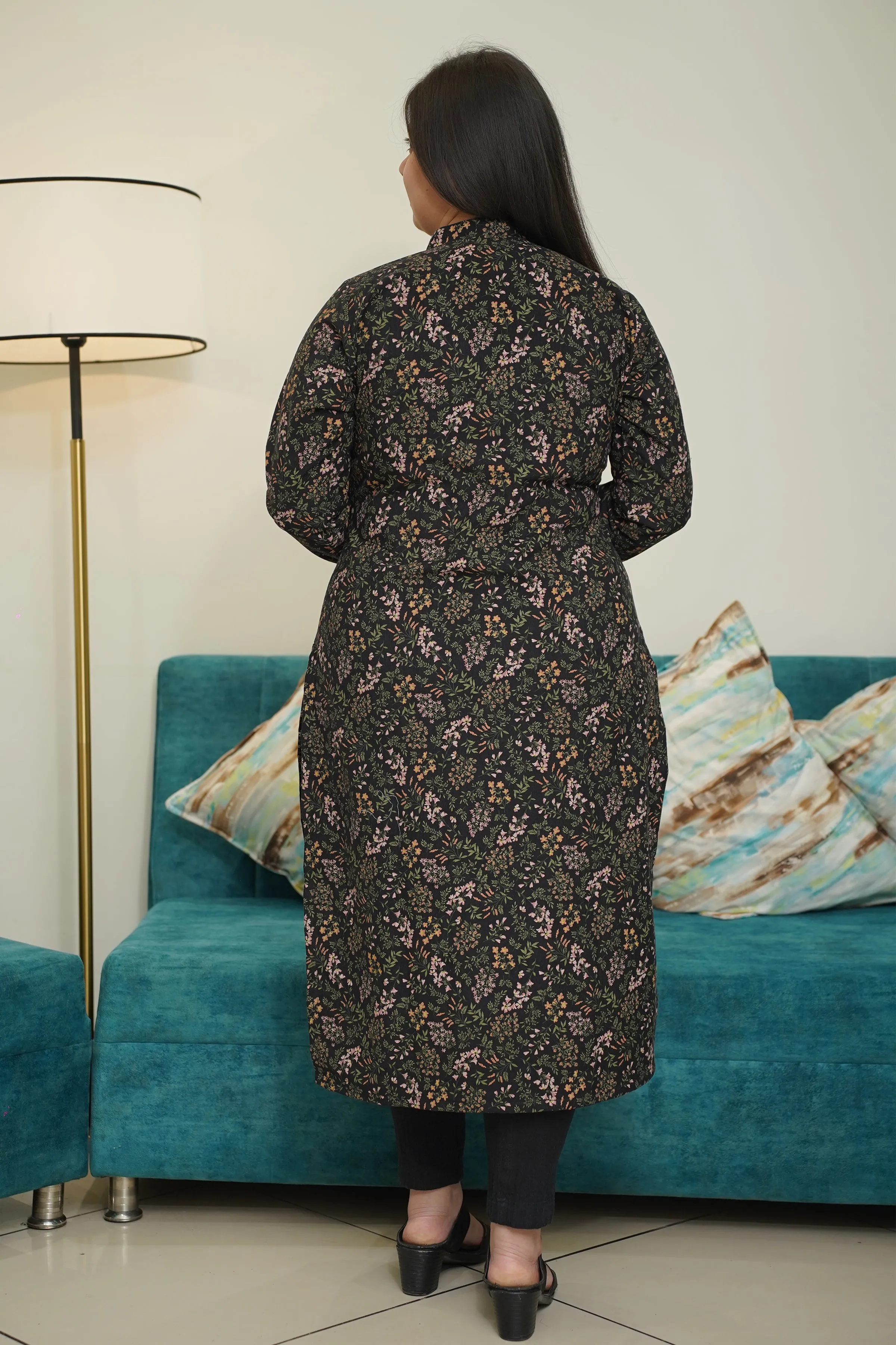 Black Floral Corduroy Kurta