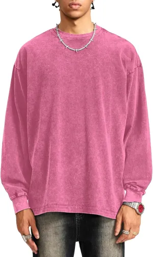 Bobeutou Vintage Oversized Crew Neck Sweatshirt for Men Long Sleeve Tshirt Basic Solid Color Tee Acid Wash Shirt Pullover Top