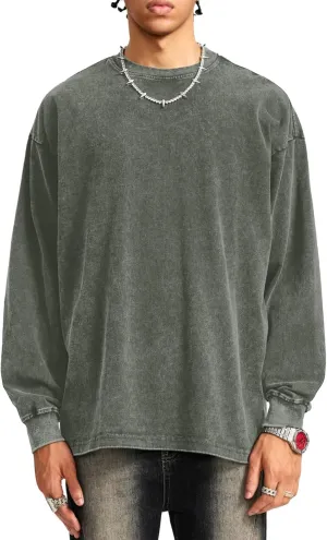 Bobeutou Vintage Oversized Crew Neck Sweatshirt for Men Long Sleeve Tshirt Basic Solid Color Tee Acid Wash Shirt Pullover Top