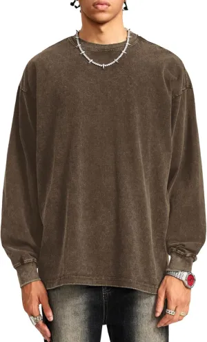 Bobeutou Vintage Oversized Crew Neck Sweatshirt for Men Long Sleeve Tshirt Basic Solid Color Tee Acid Wash Shirt Pullover Top