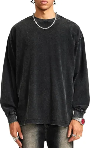 Bobeutou Vintage Oversized Crew Neck Sweatshirt for Men Long Sleeve Tshirt Basic Solid Color Tee Acid Wash Shirt Pullover Top