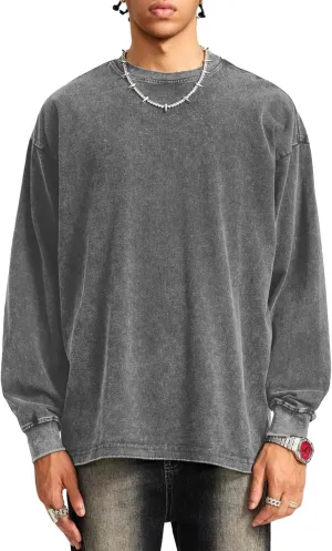 Bobeutou Vintage Oversized Crew Neck Sweatshirt for Men Long Sleeve Tshirt Basic Solid Color Tee Acid Wash Shirt Pullover Top