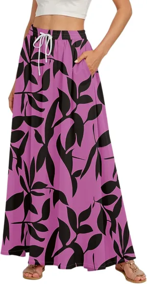 Boho Maxi Skirt for Women Summer Elastic High Waisted Casual Skirts Pleated A-Line Skirts Work Skirt Long with Pockets
