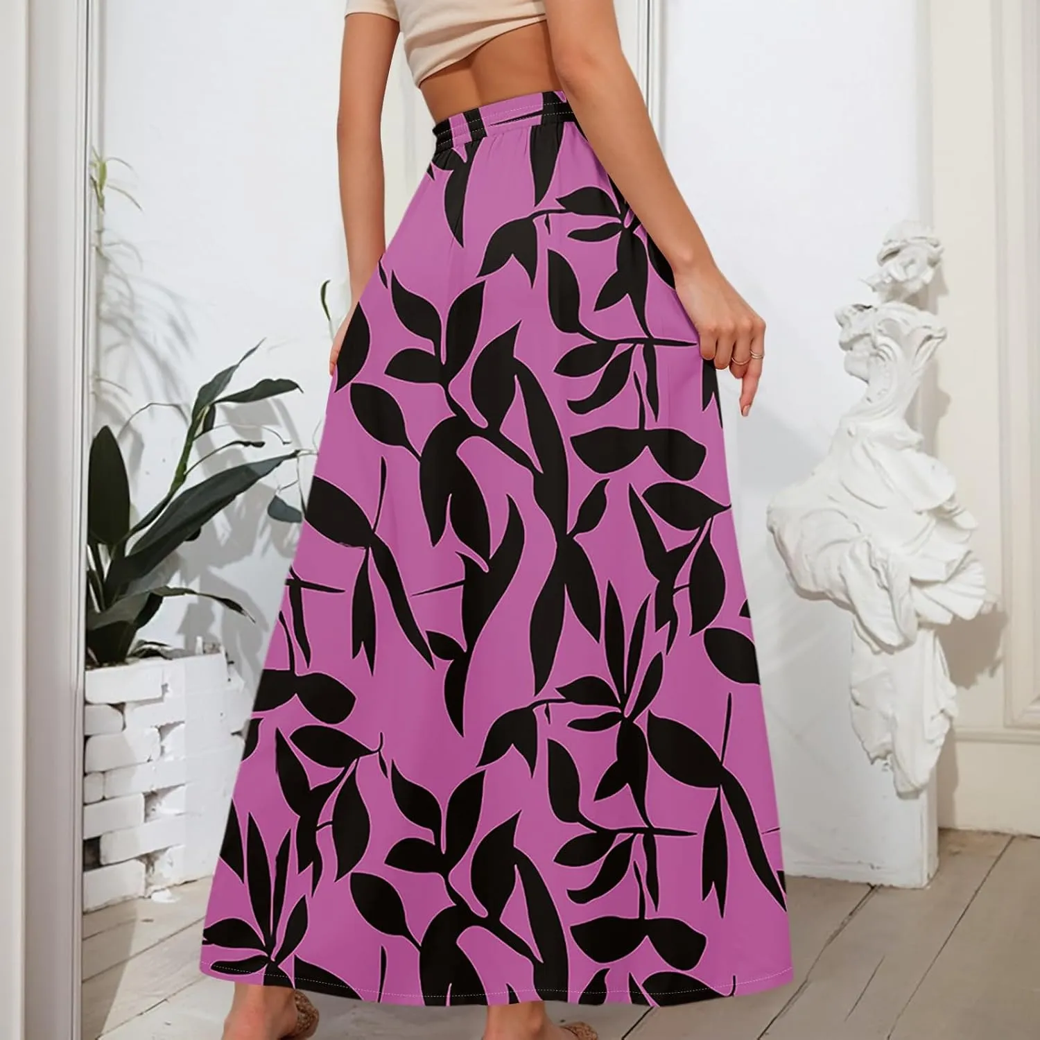 Boho Maxi Skirt for Women Summer Elastic High Waisted Casual Skirts Pleated A-Line Skirts Work Skirt Long with Pockets