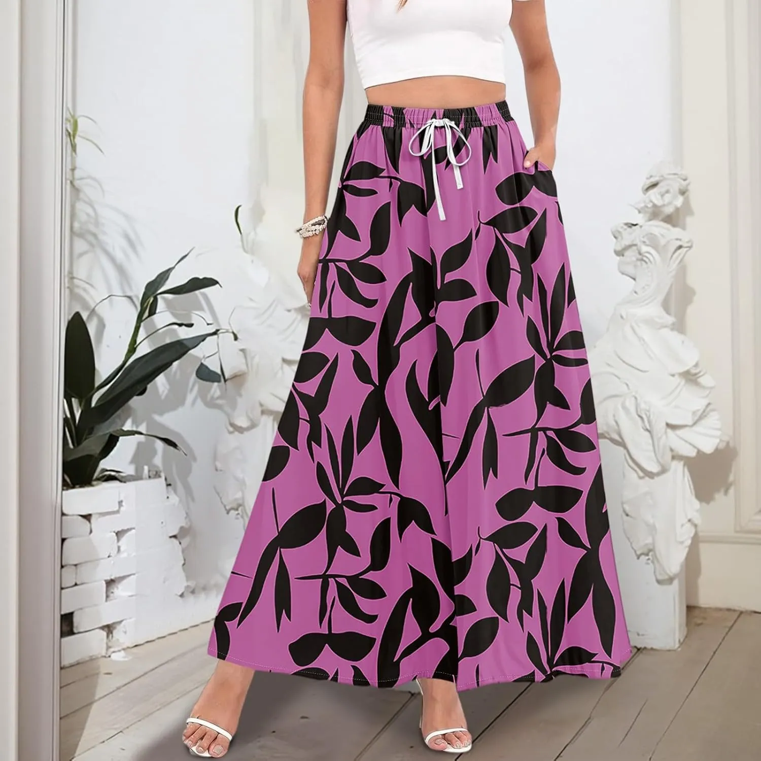 Boho Maxi Skirt for Women Summer Elastic High Waisted Casual Skirts Pleated A-Line Skirts Work Skirt Long with Pockets