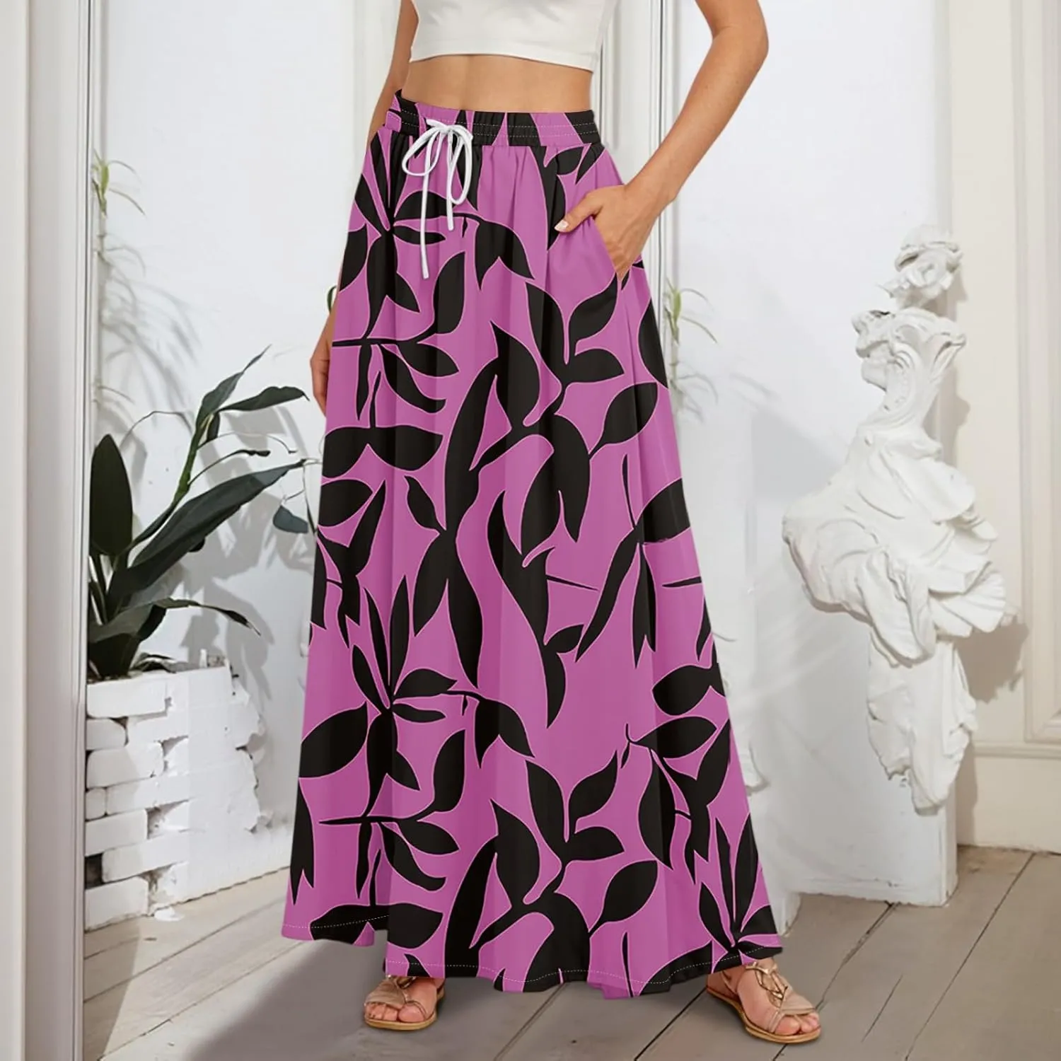Boho Maxi Skirt for Women Summer Elastic High Waisted Casual Skirts Pleated A-Line Skirts Work Skirt Long with Pockets