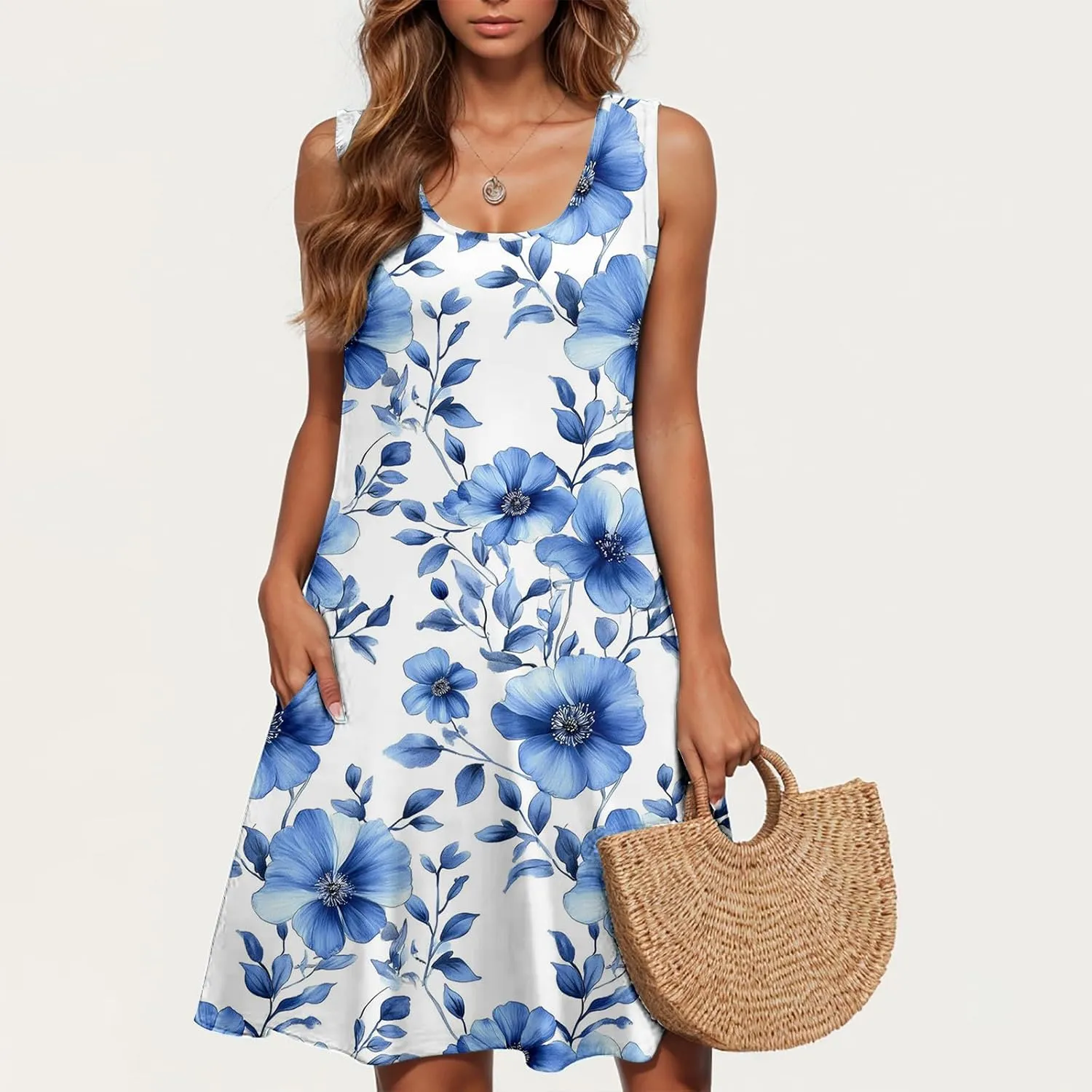 Boho Mini Dress for Women Summer Sleveless Tunic Dresses Loose Casual Scoop Neck Sundresses Flowy Beachwear Coverups