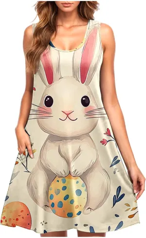 Boho Mini Dress for Women Summer Sleveless Tunic Dresses Loose Casual Scoop Neck Sundresses Flowy Beachwear Coverups