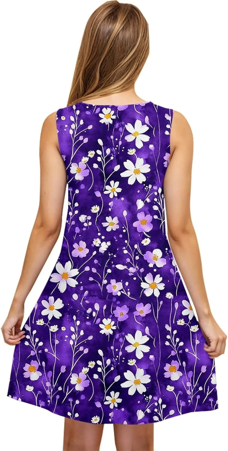 Boho Mini Dress for Women Summer Sleveless Tunic Dresses Loose Casual Scoop Neck Sundresses Flowy Beachwear Coverups
