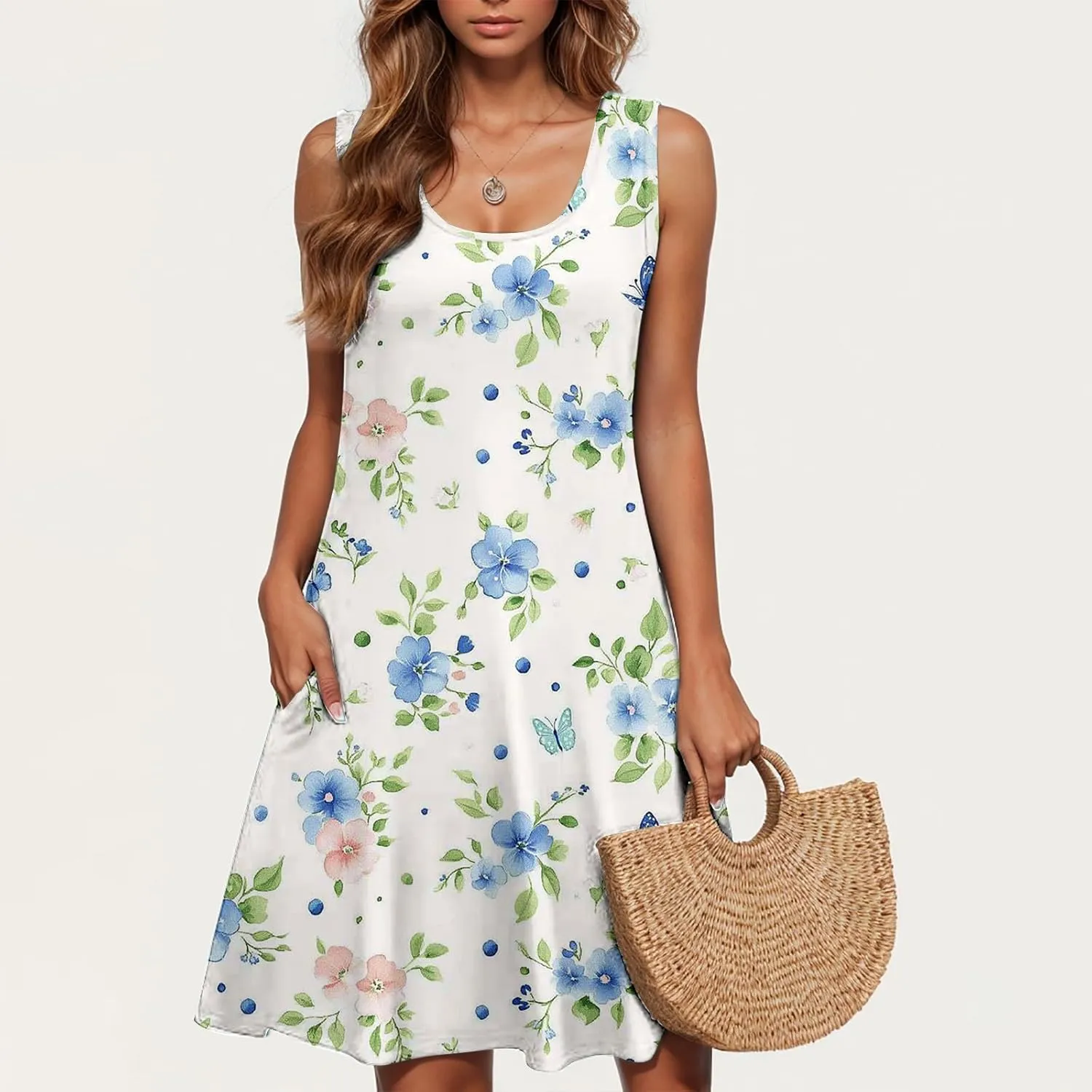 Boho Mini Dress for Women Summer Sleveless Tunic Dresses Loose Casual Scoop Neck Sundresses Flowy Beachwear Coverups
