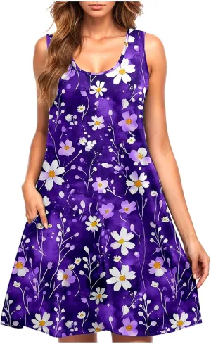 Boho Mini Dress for Women Summer Sleveless Tunic Dresses Loose Casual Scoop Neck Sundresses Flowy Beachwear Coverups