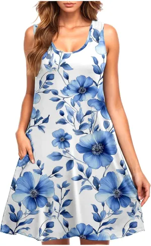 Boho Mini Dress for Women Summer Sleveless Tunic Dresses Loose Casual Scoop Neck Sundresses Flowy Beachwear Coverups