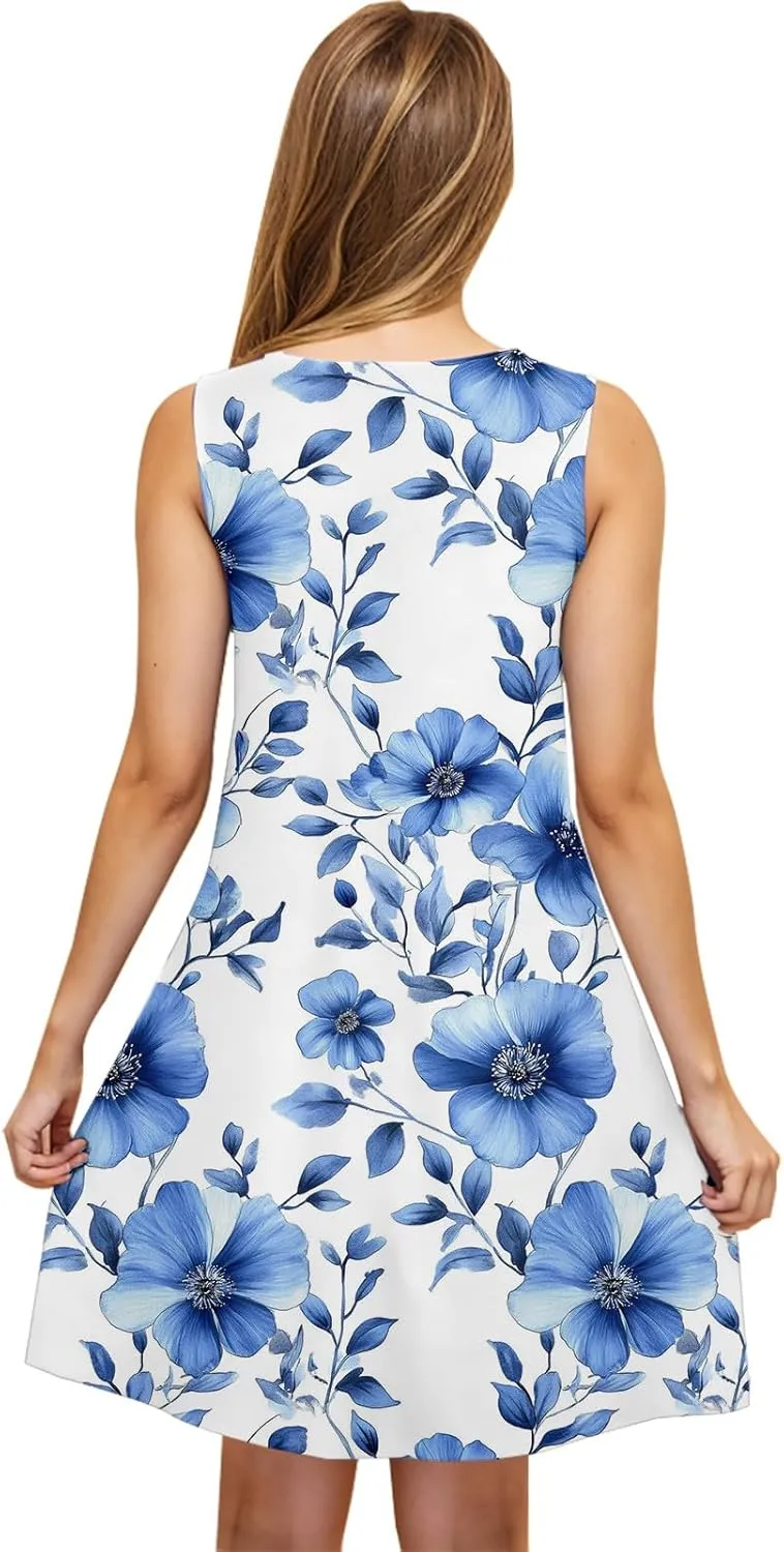 Boho Mini Dress for Women Summer Sleveless Tunic Dresses Loose Casual Scoop Neck Sundresses Flowy Beachwear Coverups