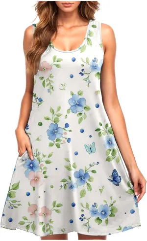Boho Mini Dress for Women Summer Sleveless Tunic Dresses Loose Casual Scoop Neck Sundresses Flowy Beachwear Coverups
