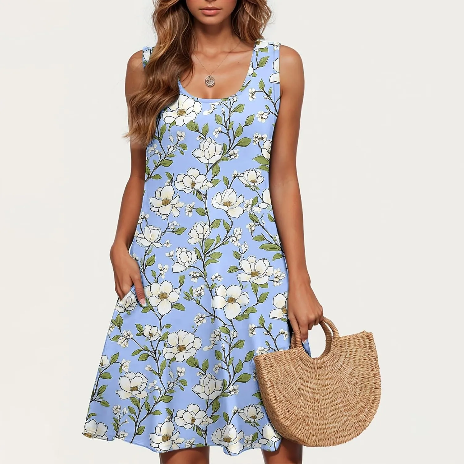 Boho Mini Dress for Women Summer Sleveless Tunic Dresses Loose Casual Scoop Neck Sundresses Flowy Beachwear Coverups