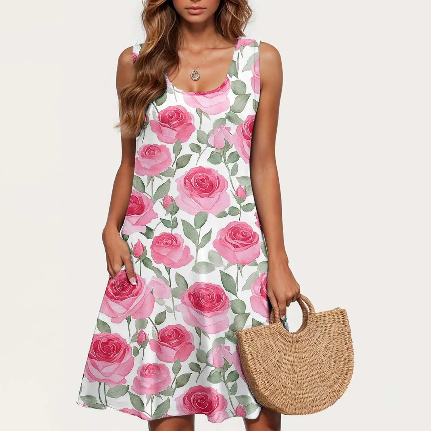 Boho Mini Dress for Women Summer Sleveless Tunic Dresses Loose Casual Scoop Neck Sundresses Flowy Beachwear Coverups