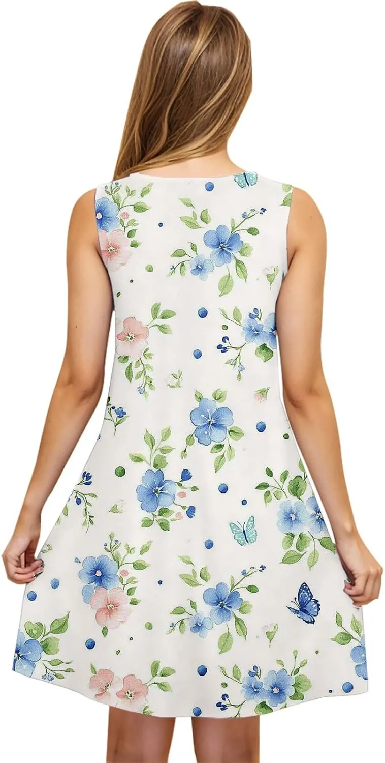 Boho Mini Dress for Women Summer Sleveless Tunic Dresses Loose Casual Scoop Neck Sundresses Flowy Beachwear Coverups