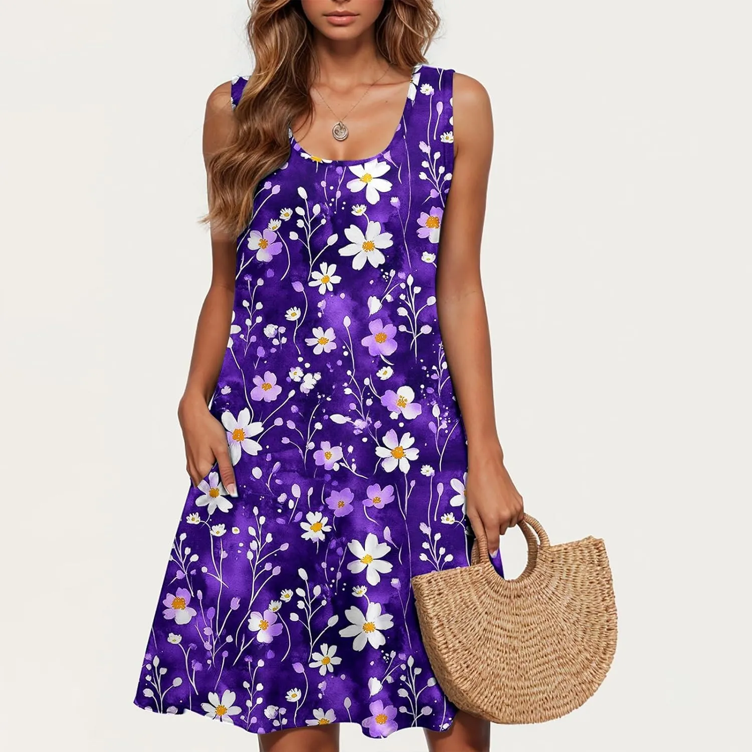 Boho Mini Dress for Women Summer Sleveless Tunic Dresses Loose Casual Scoop Neck Sundresses Flowy Beachwear Coverups