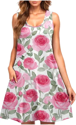 Boho Mini Dress for Women Summer Sleveless Tunic Dresses Loose Casual Scoop Neck Sundresses Flowy Beachwear Coverups