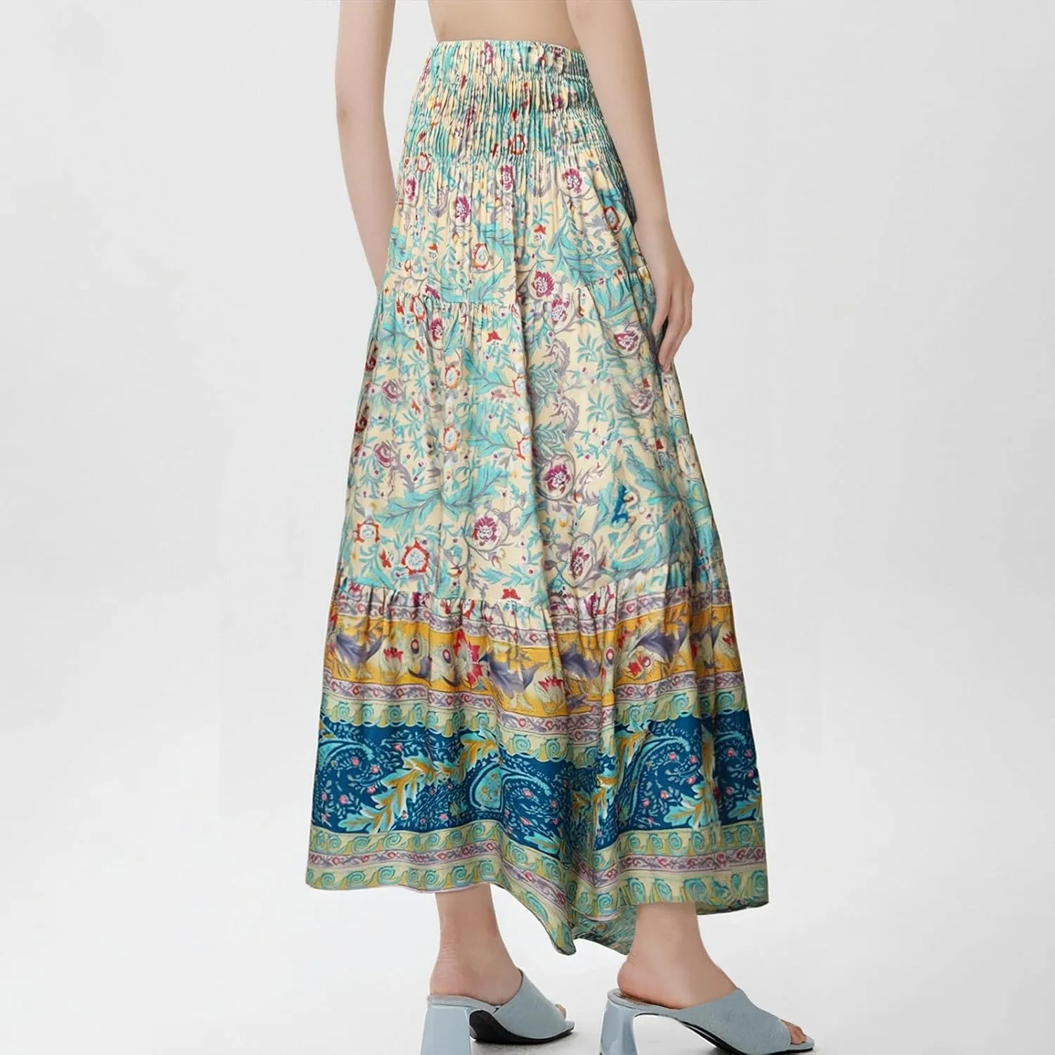 Boho Skirts for Women Summer Casual Flowy Floral Tiered Pleated Stretchy High Waisted Cute Beach A Line Long Skirts