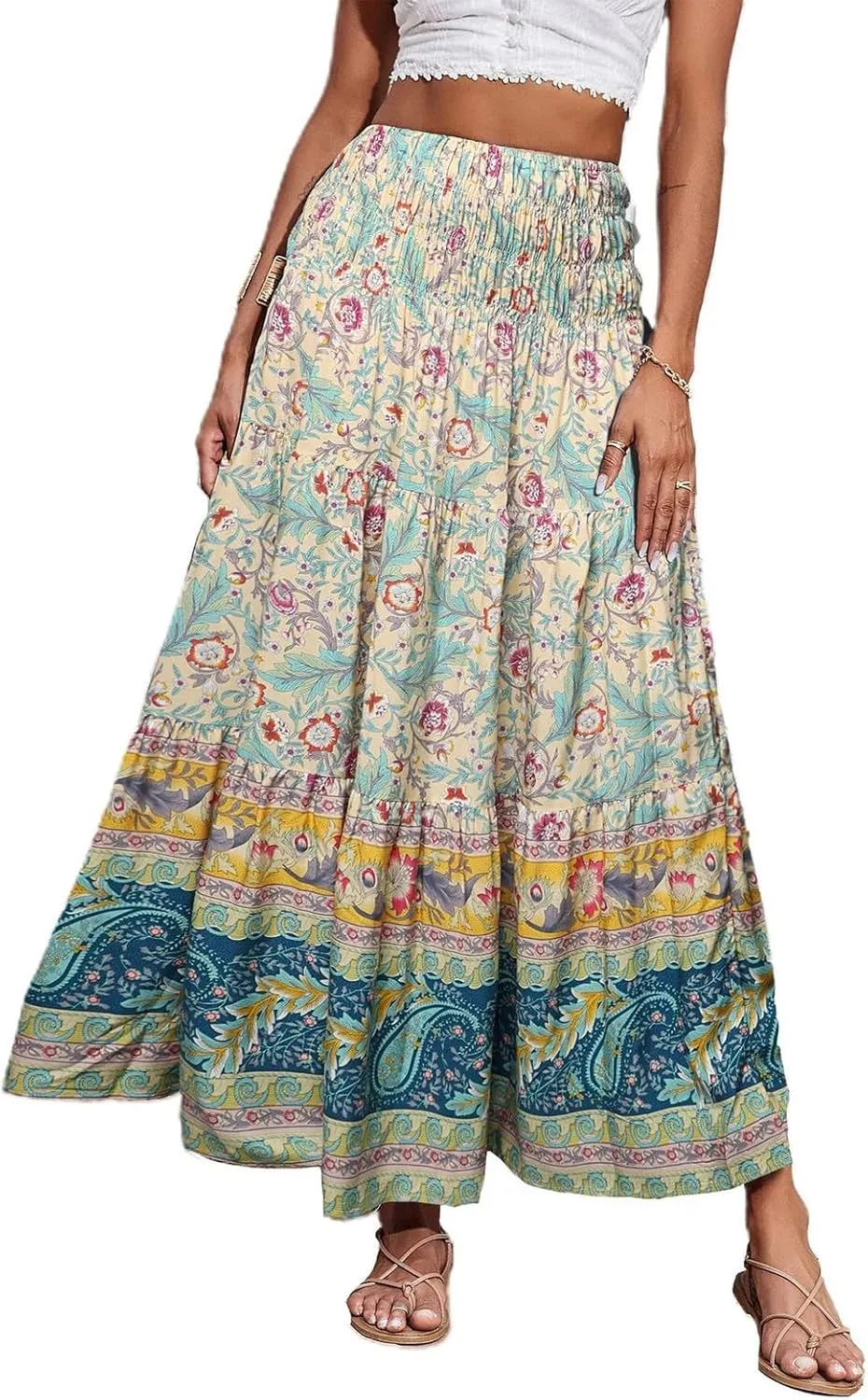 Boho Skirts for Women Summer Casual Flowy Floral Tiered Pleated Stretchy High Waisted Cute Beach A Line Long Skirts