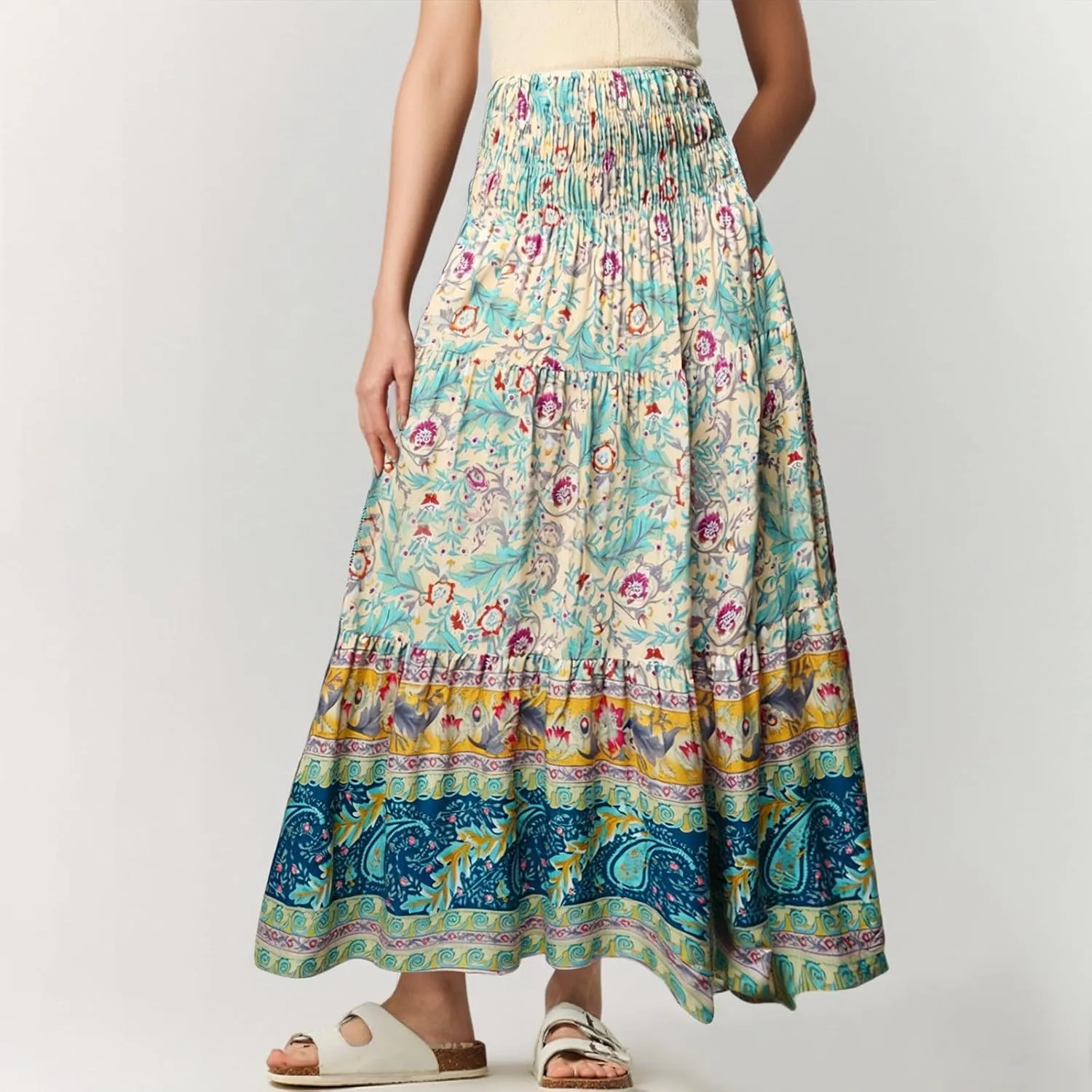 Boho Skirts for Women Summer Casual Flowy Floral Tiered Pleated Stretchy High Waisted Cute Beach A Line Long Skirts