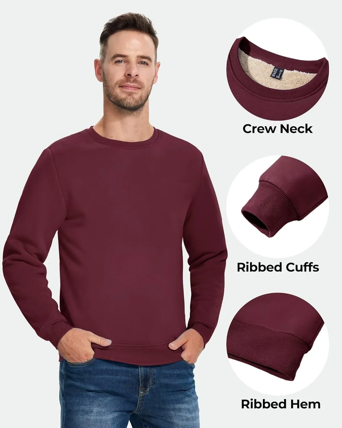 Boladeci Men's Full Sherpa Lined Crewneck Sweatshirts Premium Heavy-weight Fleece Pullover Thick Thermal Cotton Sweat-Shirts