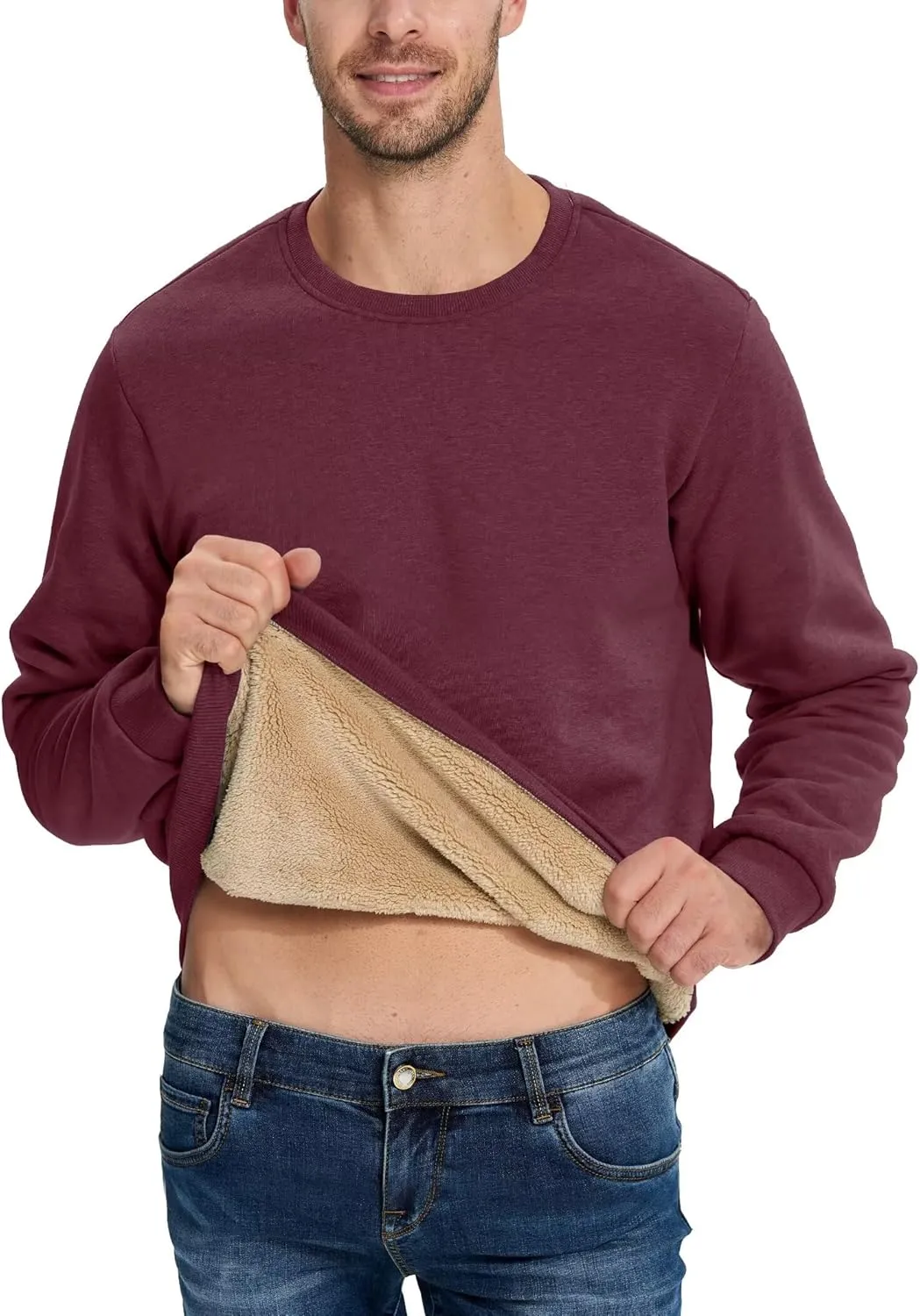 Boladeci Men's Full Sherpa Lined Crewneck Sweatshirts Premium Heavy-weight Fleece Pullover Thick Thermal Cotton Sweat-Shirts