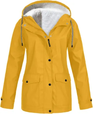 BOXIACEY Womens Waterproof Rain Jacket Fleece Lined Rain Coats Lightweight Rain Jacket Hooded Windbreaker Jackets