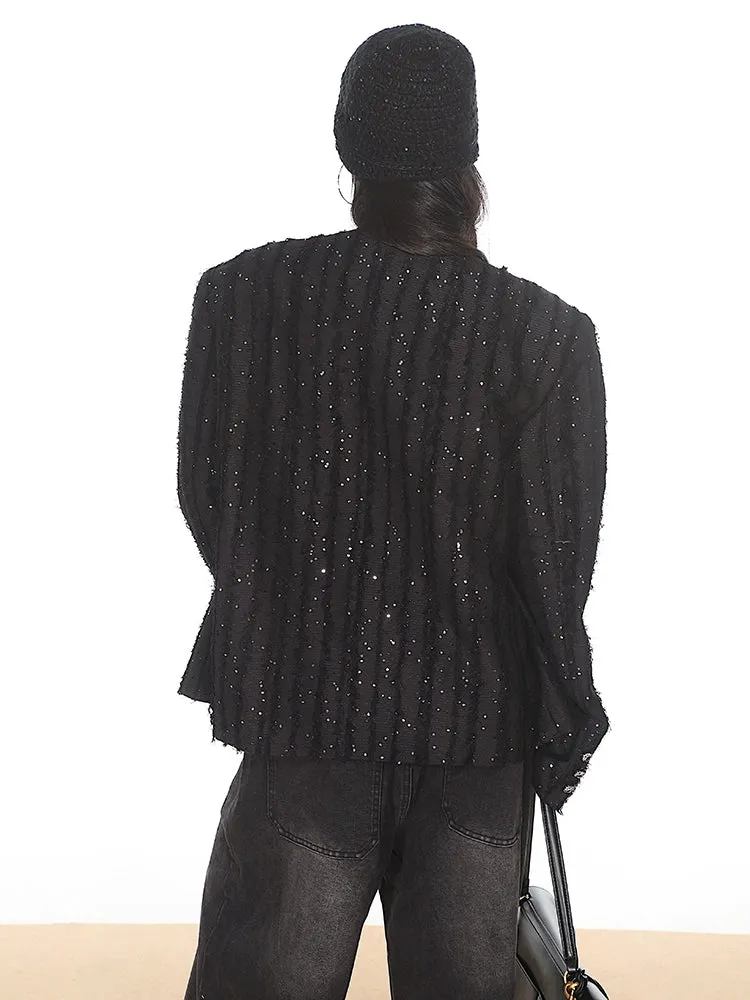 Boxy Sequined Ribbed Blazer Jacket