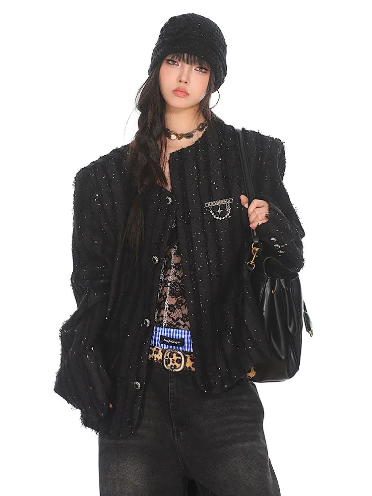 Boxy Sequined Ribbed Blazer Jacket
