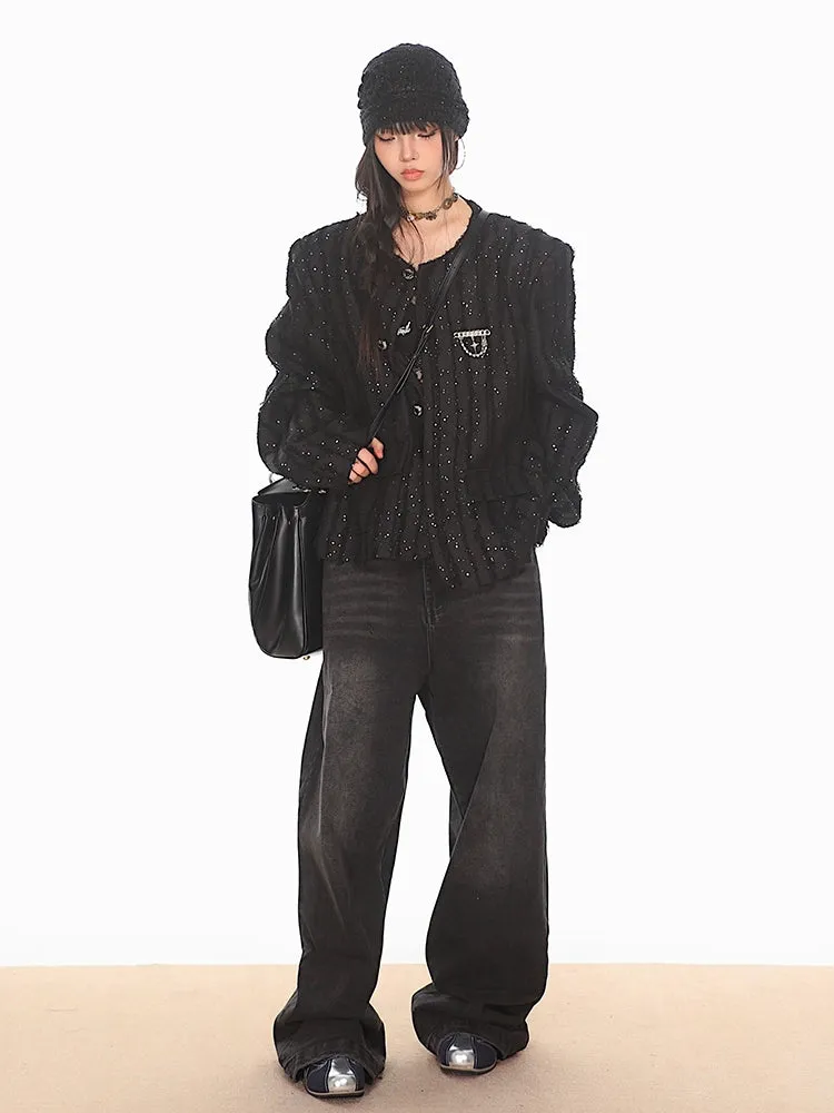 Boxy Sequined Ribbed Blazer Jacket
